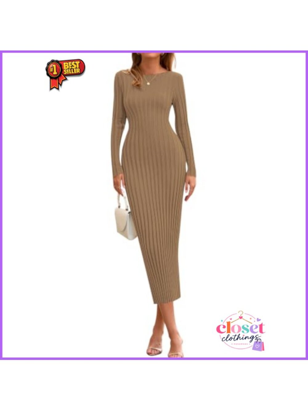 Ribbed Knit Boat Neck Long Sleeve Bodycon Maxi Sweater Dress